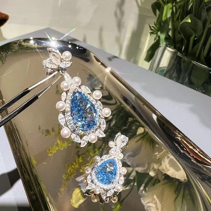 Luoxi Temple 2024 Ice Flower Cut Aquamarine Teardrop Earrings in 925 Sterling Silver