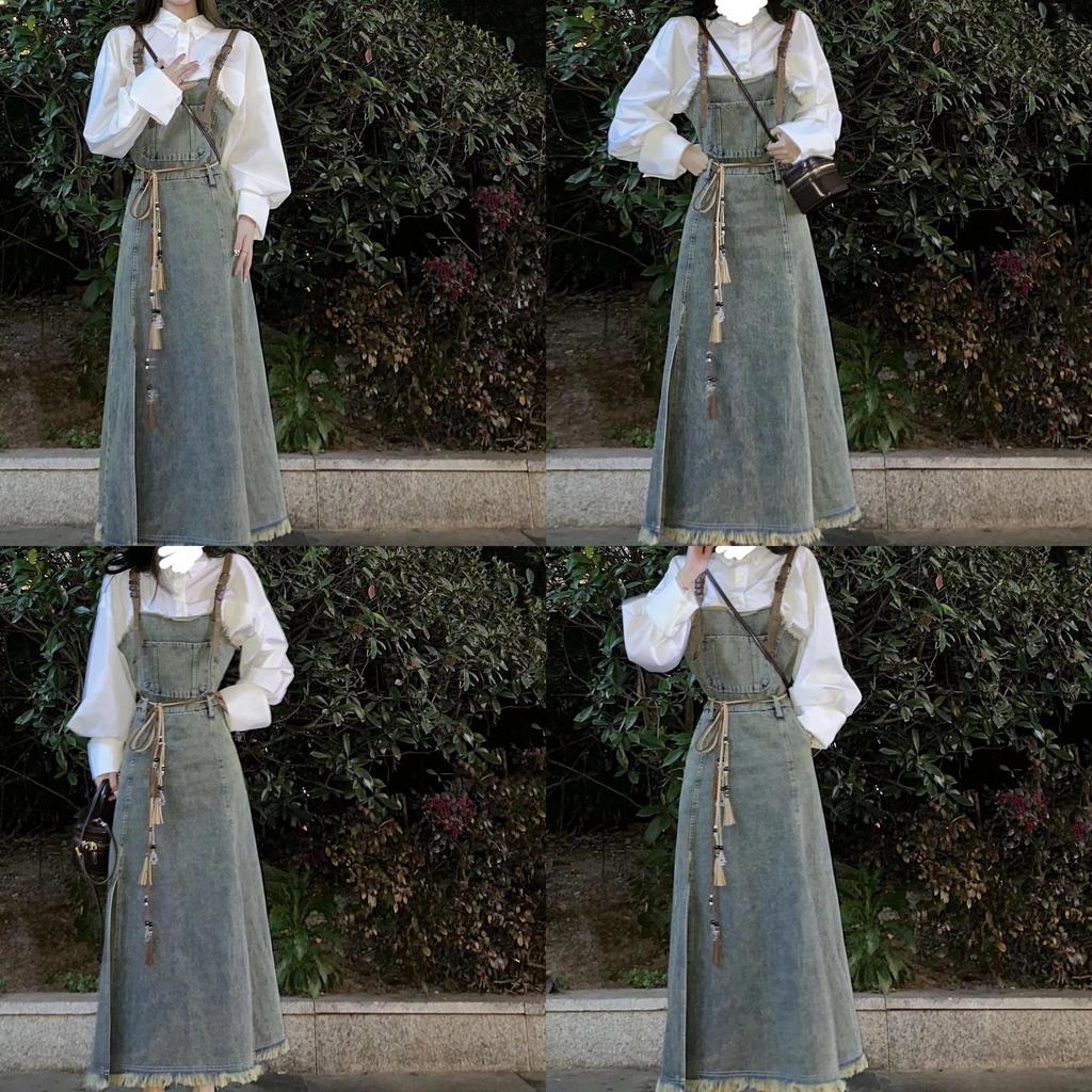 Denim Overall Dress For Women Summer Water Wash Slim Fit With Waist Tie For Casual And Travel