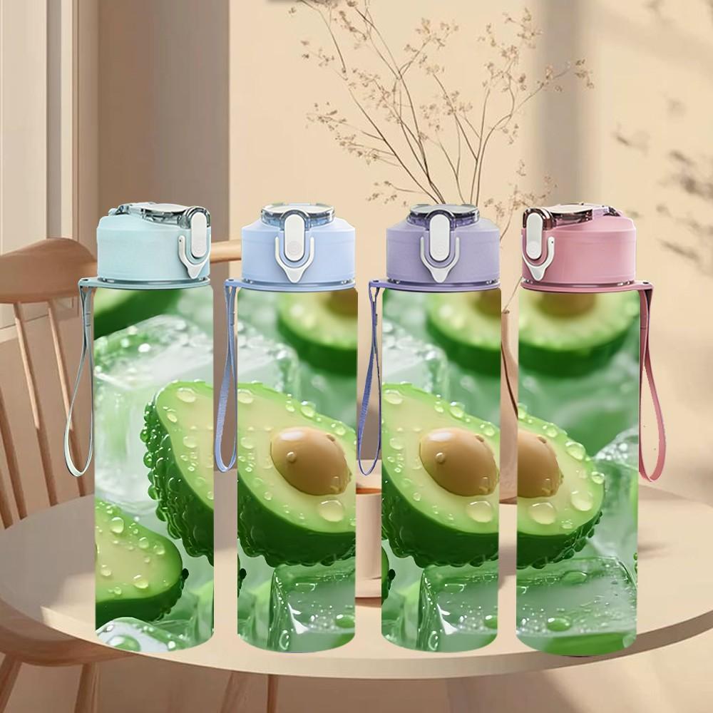 1PC Fresh Sliced Avocado Fruit Print 750ml Color Plastic Sports Water Bottle Leakproof Flip Straw Lid Suitable for Sports Office Home Use