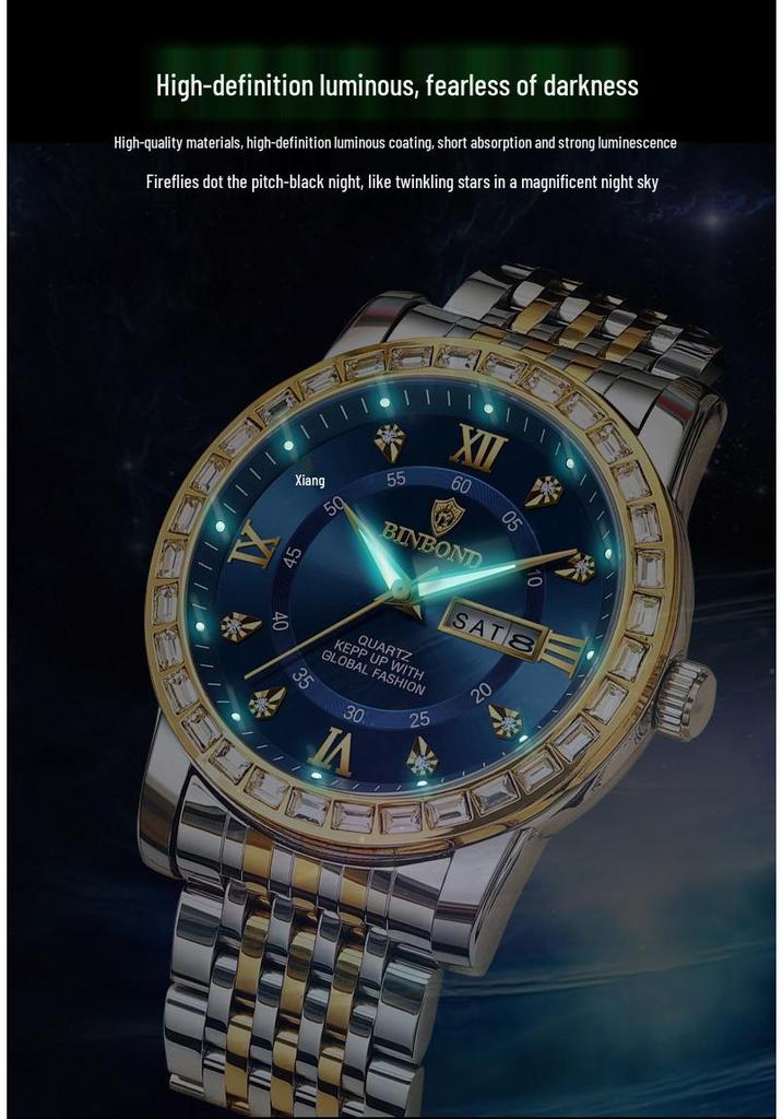 Men's Genuine Diamond-Inlaid Mechanical Watch – Trendy, Waterproof, Double Calendar, Luminous Quartz.