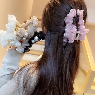 Pinza per Capelli in Chiffon Stropicciato con Perle Estiva, Elegante Pinza a Rete Oversize per Capelli da Donna Accessori Femme Pinzette per Capelli per Ragazze