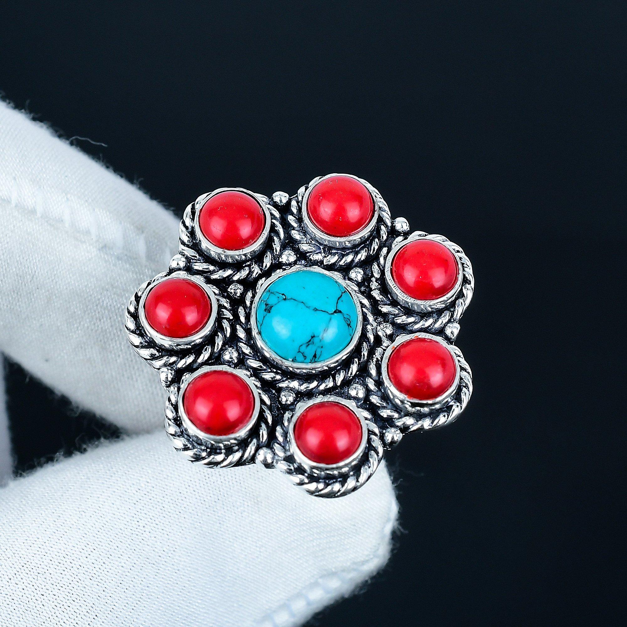 

Бирюза, Красный Коралл Драгоценный камень Ручной работы Кольцо из стерлингового серебра 925 пробы - Богемное ювелирное кольцо - Ювелирные изделия в стиле бохо ручной работы для женщин и мужчин, Подарки US 11 синий