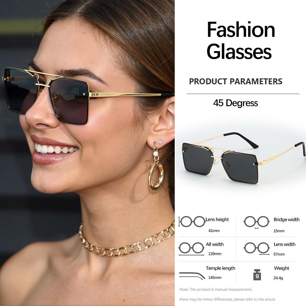 Vintage Square Double Bridge Sunglasses For Women With Golden Metal Frame And Chain Decoration Light Luxury Women Glasses