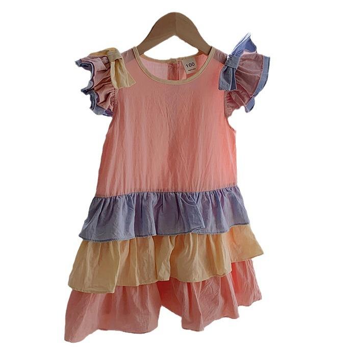 Girls Summer Rainbow Flutter Sleeve Dress Tiered Ruffle Bow Princess Party Dress Cute Children Clothing