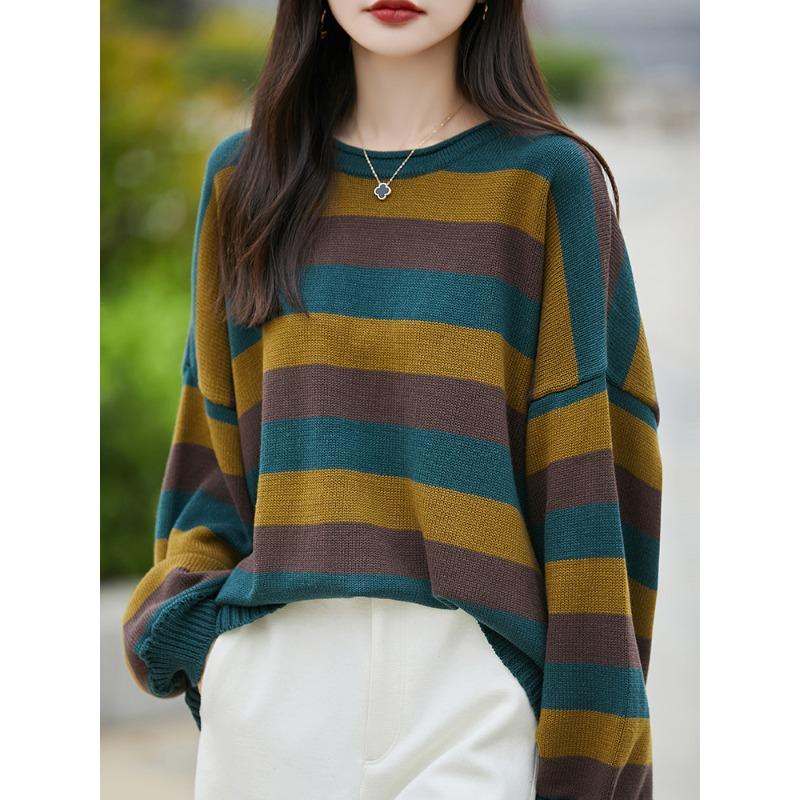 Pure Cotton Sweater for Women Loose Soft and Fashionable Bottoming Autumn and Winter Wide Stripes Versatile Round Neck Fashionable Sweater