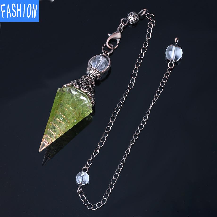 Colorful Crystal Pendulum Bronze Fashion Natural Gravel Resin Spring Hexagonal Cone Pendant