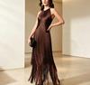 Spring and Summer European and American Neck Fringed Long Dress Women's Sleeveless Slim Temperament Dress Dress Dress Dress Factory Spot