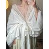 Lace Shirts Women Vintage Sexy V Neck Bandage Blouses Summer Fairy Korean Patchwork Long Sleeve Casual