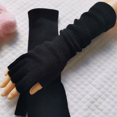Autumn Winter Knitted Pure Black Work Gloves Arm Warmers Half Finger Gloves Elbow Long