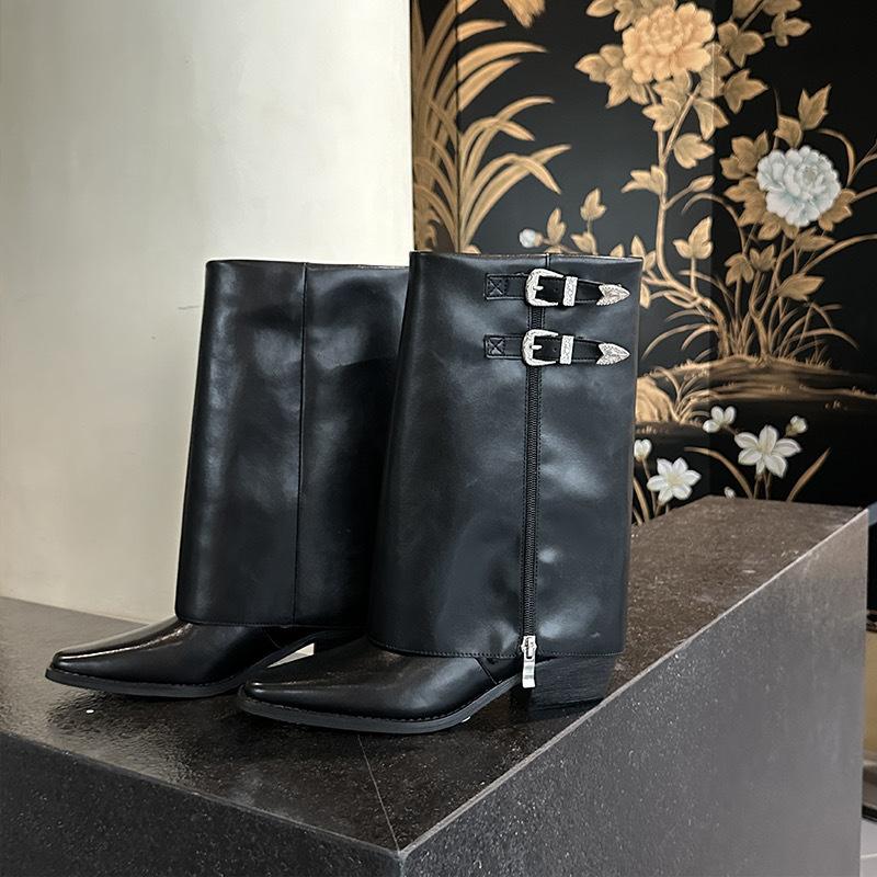 Niszowe skórzane kowbojskie buty westernowe do połowy łydki damskie na grubym obcasie ze szpiczastym noskiem zapinane na boczny zamek botki do spodni