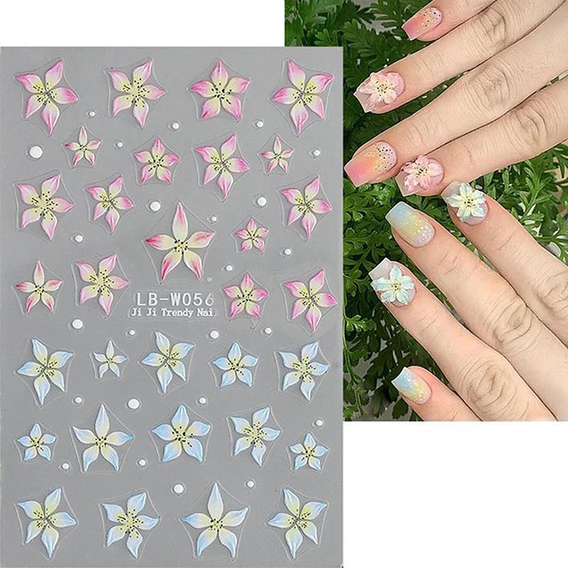 

1 лист розовых лилий цветок наклейки для ногтей рельефные 3D желе пять лепестков цветок украшения ногтей наклейки самоклеящиеся слайдеры pink white