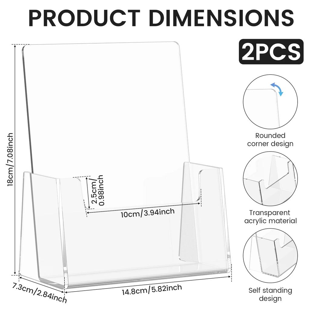 2Pcs Acrylic Brochure Holder Offices Clear Pamphlet Display Stand Stable Multipurpose Desk Leaflet Holder for Photo Paper Menu