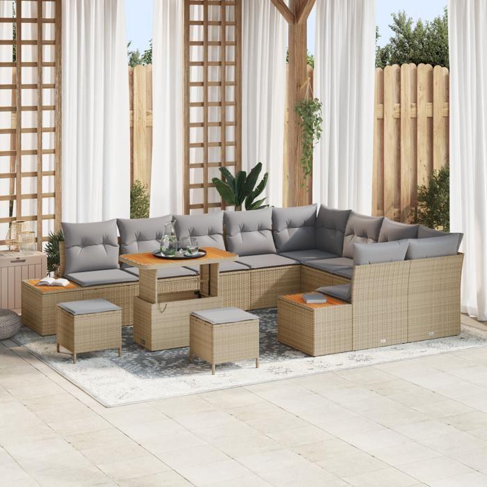 Ensemble de sofa de jardin 12 pièces avec coussins beige poly rotin acacia vidaXL, Ensemble de salle à manger de jardin 3362957