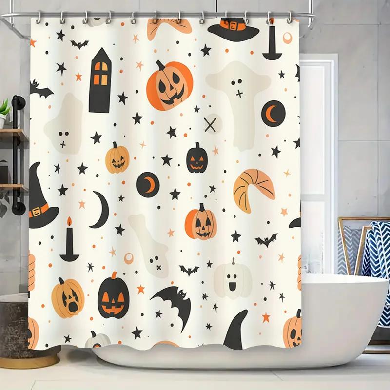 

Halloween Decorations Shower Curtain Set with Pumpkin and Ghost Pattern for Bathroom Orange Black White Halloween Bat Witches Ha W90xH180cm