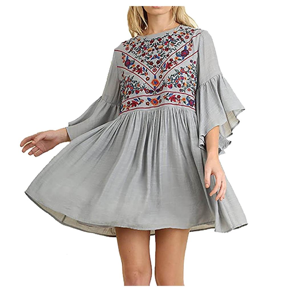 Fashion Womens Loose Summer Short Sleeve Embroidery Print Flared Sleeve Dress
