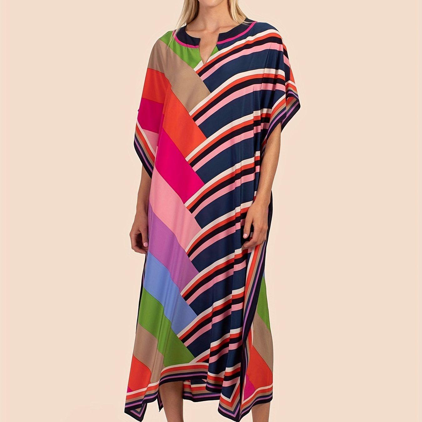 

Плюс размер накидка в стиле бохо, женское платье макси с геопринтом и рукавами «летучая мышь» с разрезом на шее и разрезом подол One-size арбуз красный