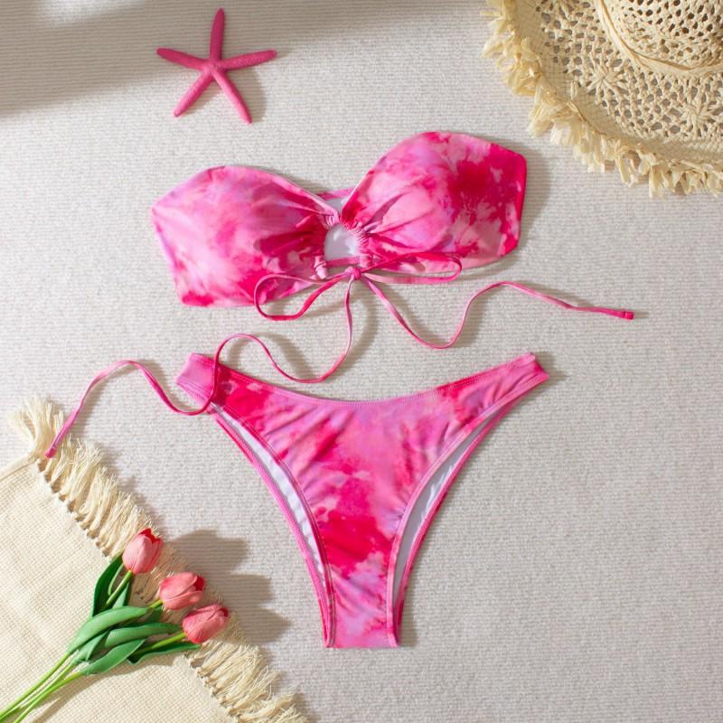 

Women s Blue White Porcelain Printed Tie-dyed Sexy Bikini Beach Swimsuit Women XL рожевий