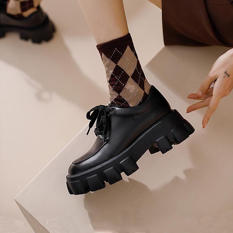 Round Toe Thick Soled Leather Shoes Women British Style Increased Jk Uniform Casual Punk Single Shoes Luxury  Flat Shoes