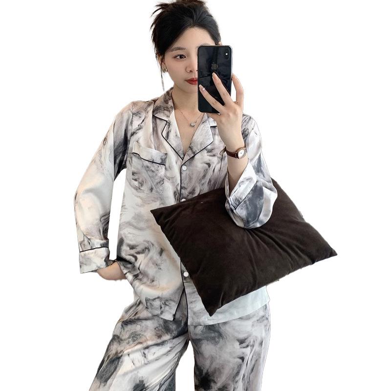 Ink Tie-Dye Ice Silk Pajamas Women'S Spring And Summer Ice Silk Long-Sleeved Fashion High-End Loungewear Suit