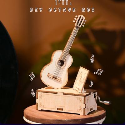 Wooden Puzzle Guitar Music Box Hand-assembled Three-dimensional Puzzle Hand-cranked Music Box Ornament Educational Toy