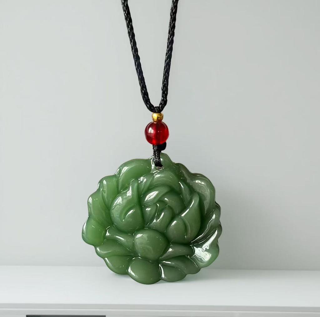 Imitation Hetian Jade Lotus Anhänger Halskette für Damen - Weißer Jadeblumen-Aufblühender Wohlstand Design