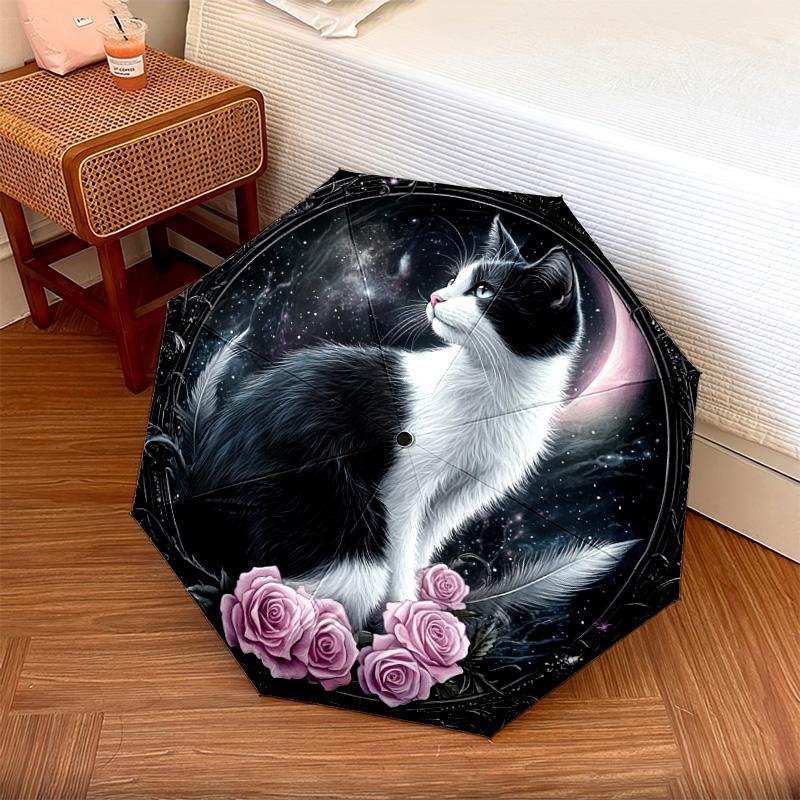 1 PC Automatic Folding Umbrella - Black and White Cat with Moon Pattern, Portable & Foldable Design with 8 Ribs, Christmas Birthday Gifts