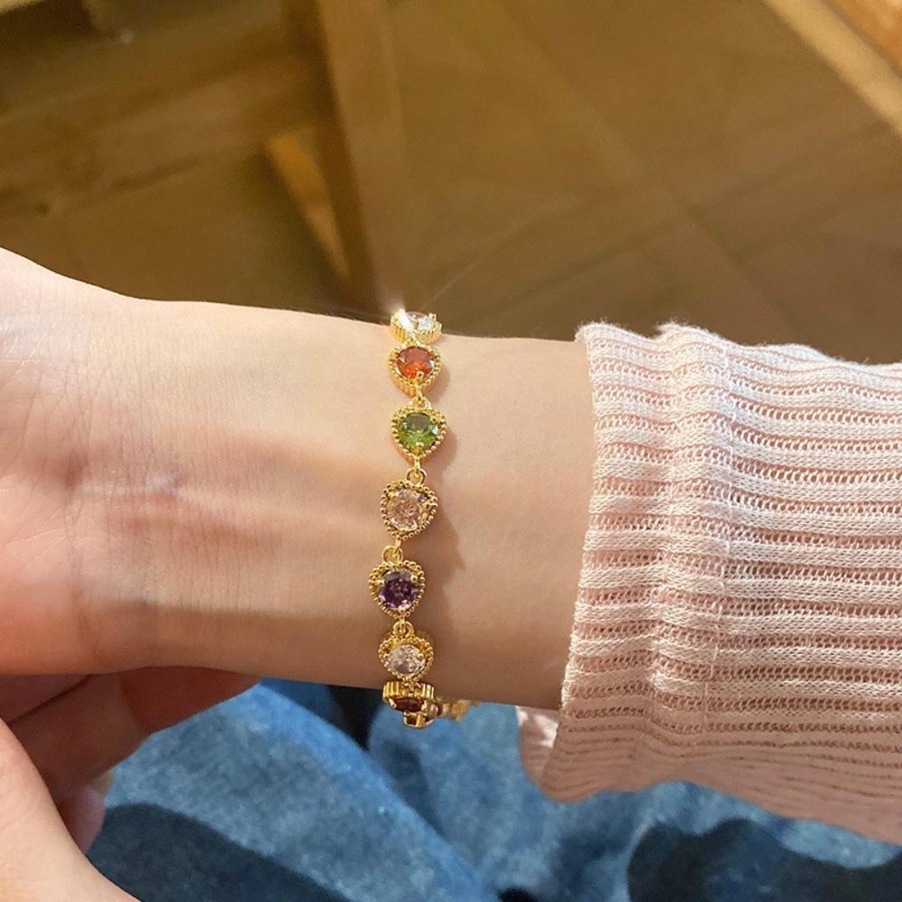 Luxury Heart Shaped Bracelet Colorful Chain Bracelets Cute Rainbow Zircon Bracelet  Gifts
