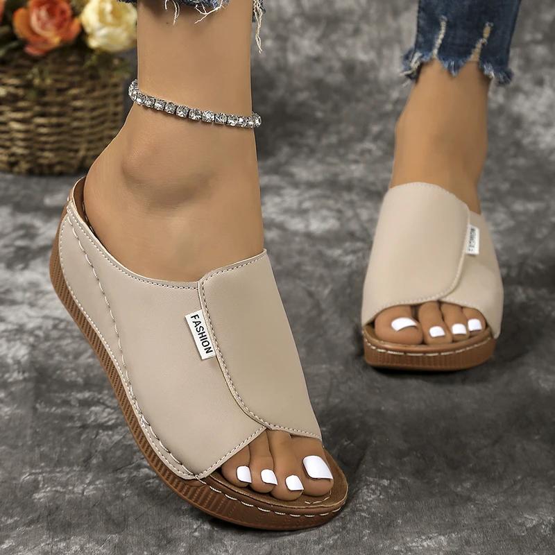 Fashion Lightweight Peep Toe Wedges Slippers Women Summer Platform Thick Sole Sandals Woman Plus Size Pu Leather Slides Shoes Mujer 43