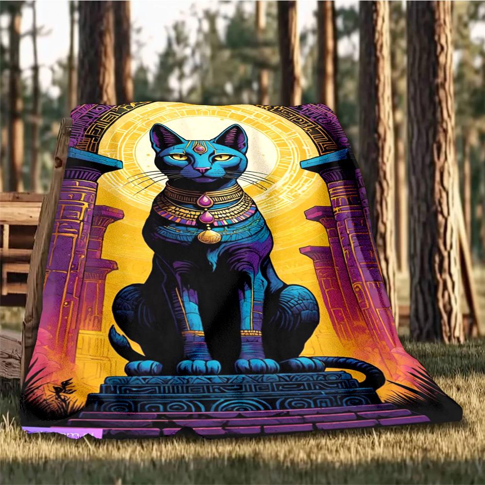 1pc Egyptian Cat Statue Throw Blanket Polyester Fiber, Lightweight Flannel, Soft & Warm, All Season Use for Outdoor, Camping Digital Print