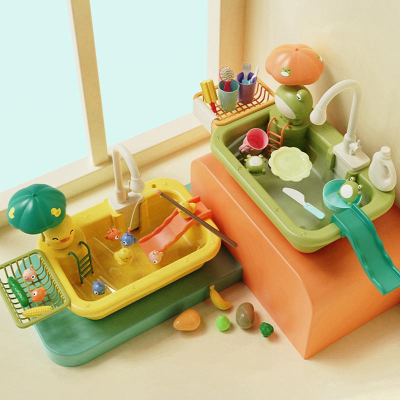 Kid Play Kitchen Sink Taps Toys Running Water Plastic for Toddler Electric Dishwasher Playing Toy Faut Dishes Playset for Girl