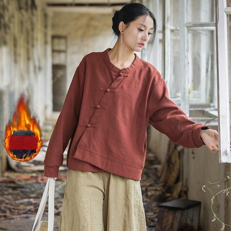 Johnature Women Chinese Style O-Neck Long Sleeve Warm Cloths Winter Solid Color Loose Tops