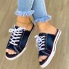 Women Canvas Flat Slipper Woman Lace Up Ladies Peep Toe New Women's Casual Female Fashion Denim Beach Shoes Plus Size 35-43