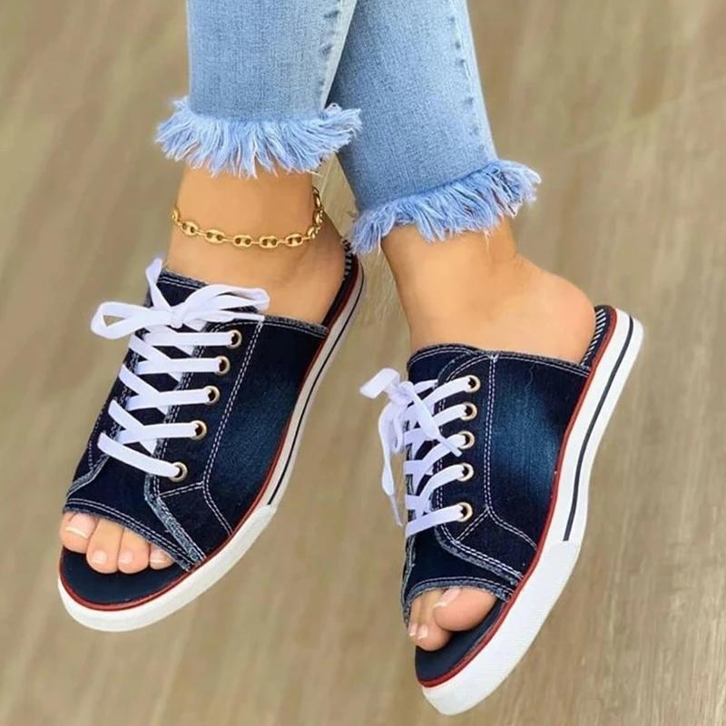 Women Canvas Flat Slipper Woman Lace Up Ladies Peep Toe New Women's Casual Female Fashion Denim Beach Shoes Plus Size 35-43