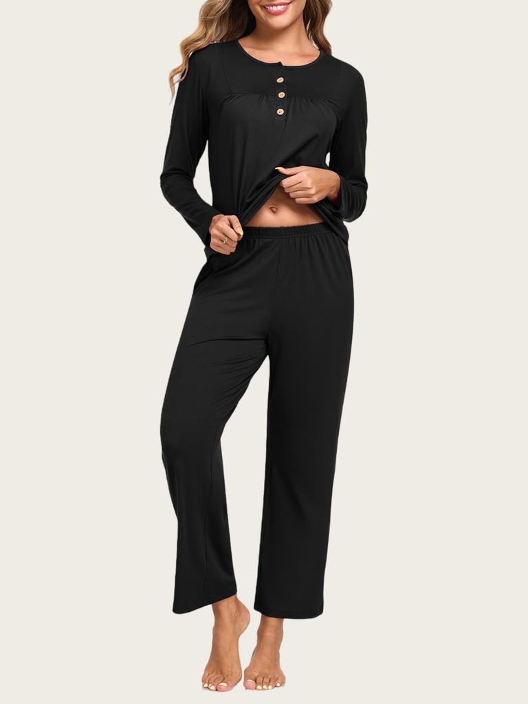 European & American Women's Fashion: Autumn 2025 2-Piece Pajama Set – Casual Long Sleeve Top & Pants with Pockets