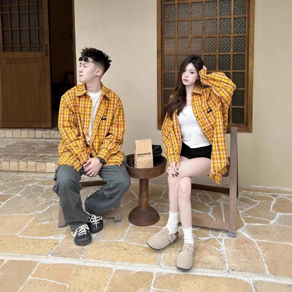 2024 Unisex American Retro Yellow Plaid Shirt Jacket - Unique Summer & Spring Top for Couples
