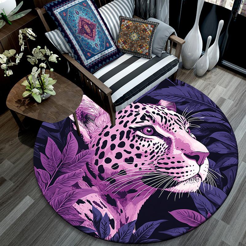 Purple Leopard Round Area Rug,Carpet Rug for Living Room Bedroom Sofa Playroom Decor,Non-slip Floor Mat