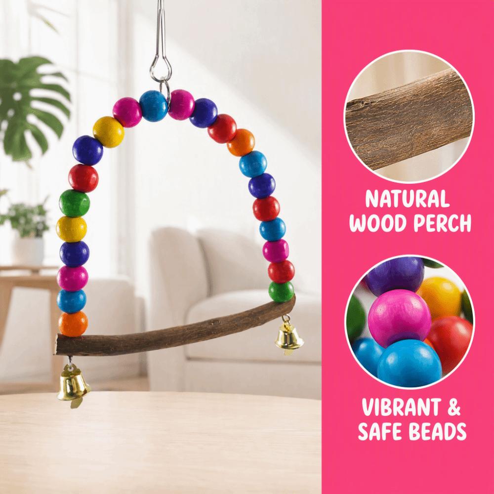Colorful Design Bird Swing Toy Wooden Perch With Bells Parrot Hanging Toy Hanging Design Wooden Perch Swing Cage Accessories