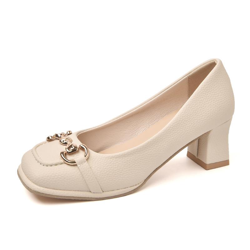 French square head metal buckle women's fashion shoes spring 2024 new outer wear temperament light mouth thick heel women's shoes