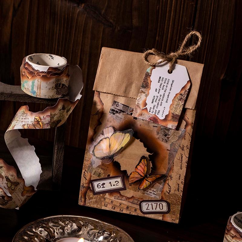 2.5 X 300cm Vintage Burned Mark Washi Tape Retro Burning Masking Tape for Collage Junk Journal Scrapbooking DIY