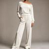 Women's Velvet Two Piece Outfit Off Shoulder Long Sleeve Fitted Top with High Waist Wide Leg Pants