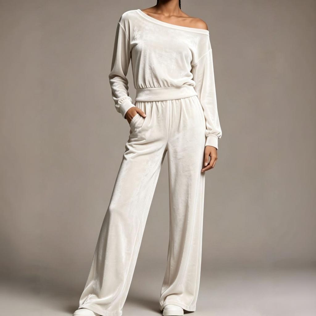 Women's Velvet Two Piece Outfit Off Shoulder Long Sleeve Fitted Top with High Waist Wide Leg Pants