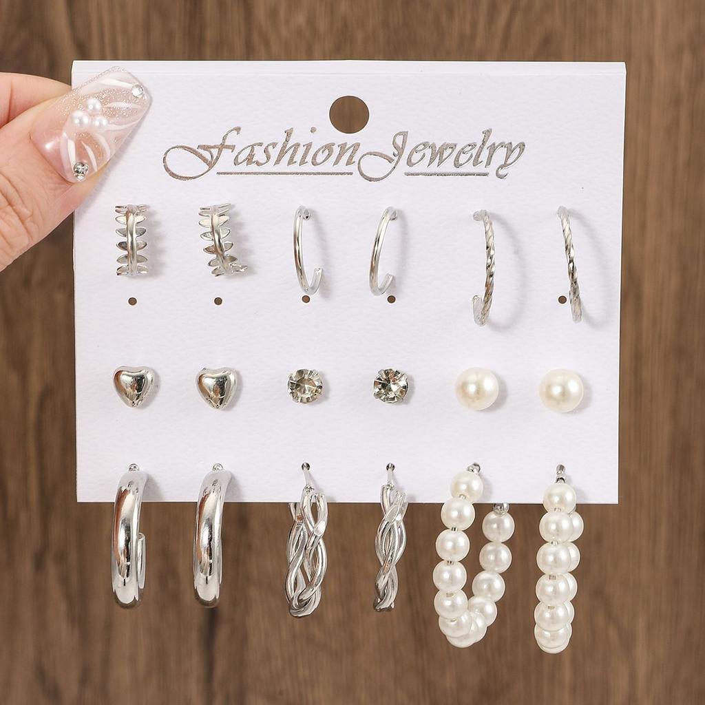 European and American style metal earrings square geometric earrings retro imitation pearl earrings Hepburn style earrings set