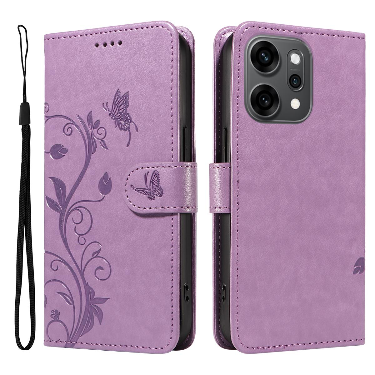 

For Oppo Reno14 Pro 5G (China)/Oppo Reno14 Pro 5G (Global) PU Leather Cases Flower Pattern Wallet Stand Phone Cover with Strap Light Purple