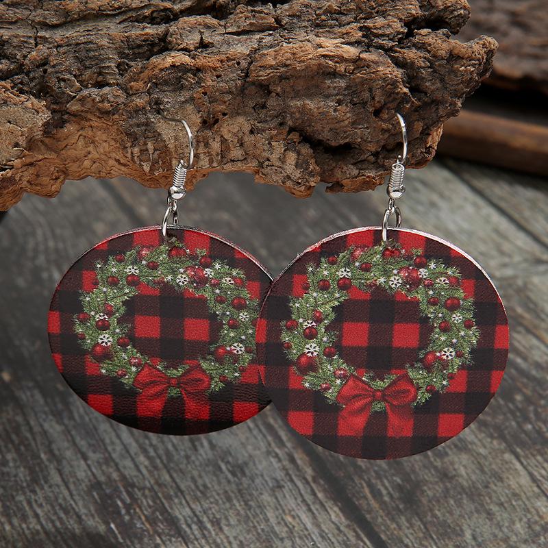 Cross-border Christmas Circle Print Wreath Earrings, Double-sided Red Plaid Leather Design