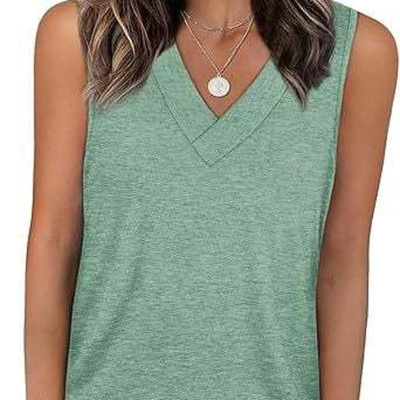 Summer European Style Women V-Neck Casual Loose Fit Solid Color Tank Sleeveless