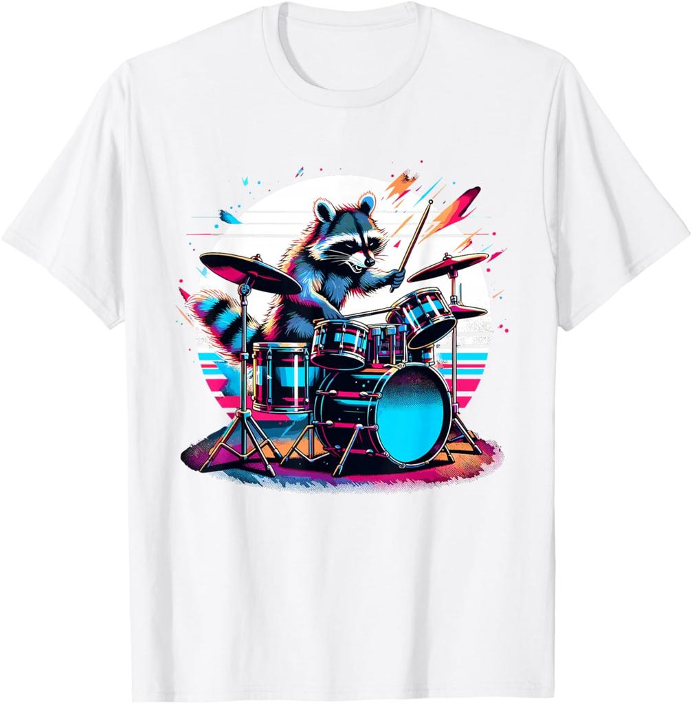 Raccoon Drummer Musician Retro Graphic TShirt Breathable Casual Cotton Tee
