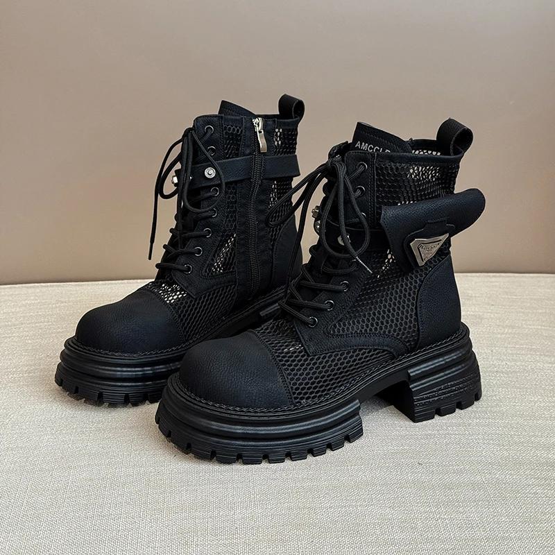 Fashion Punk Metal Decoration Breathable Mesh Boots Women 2025 Summer Chunky Platform High Heel Ankle Boots Fashion Thick Bottom Shoes