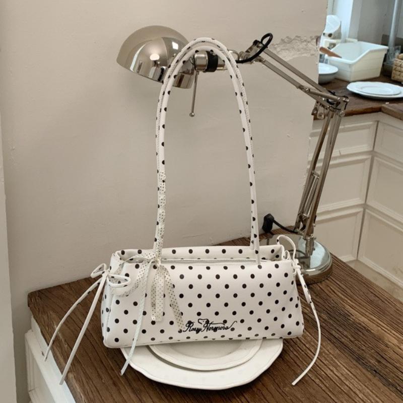 Y2k Polka Dot Shoulder Bag, Korean Fashion Elegant Underarm Bag Cute Lace Bow Decor Womens' Simple Commute Zippered Handbag