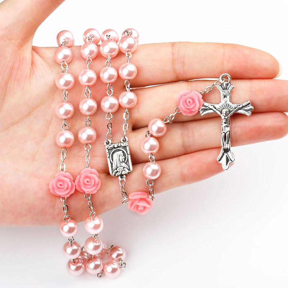 Catholic Purple Glass Beads Rosary Necklace For Women INRI Cross Crucifix Pendant Rose Chain Religion Jewelry