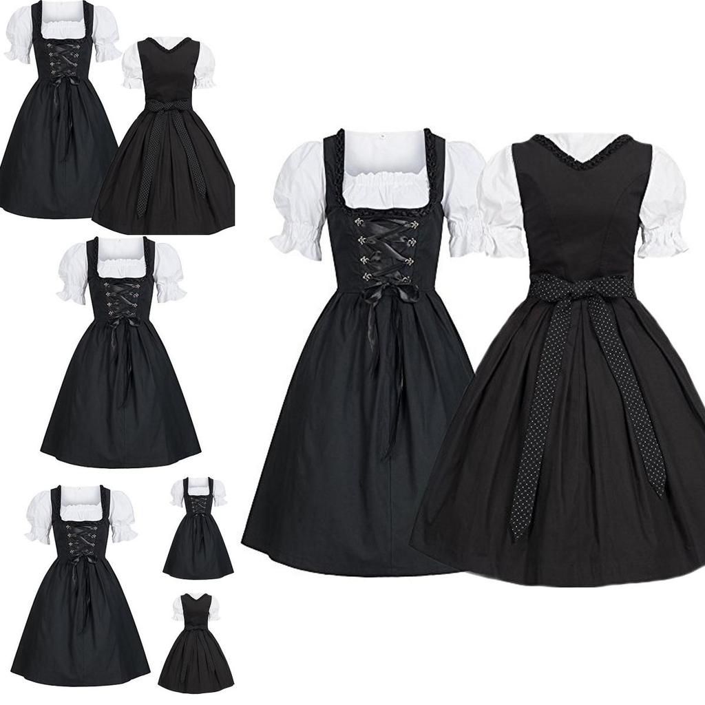 Vintage Bavarian Dirndl Costume With Elastic Waist And Bubble Sleeves For Festive Occasions